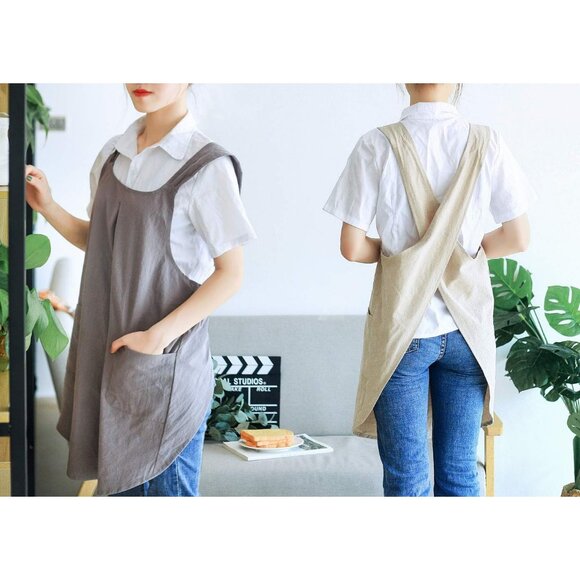 Soft Cotton Linen Apron Cross Back X-Shaped Japanese Style Pinafore Dress for Co - Picture 2 of 7